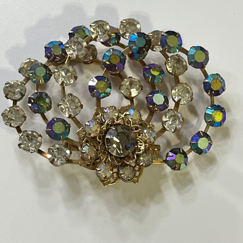Vintage Gold-Tone Brooch With Aurora Borealis & Clear Rhinestones Floral